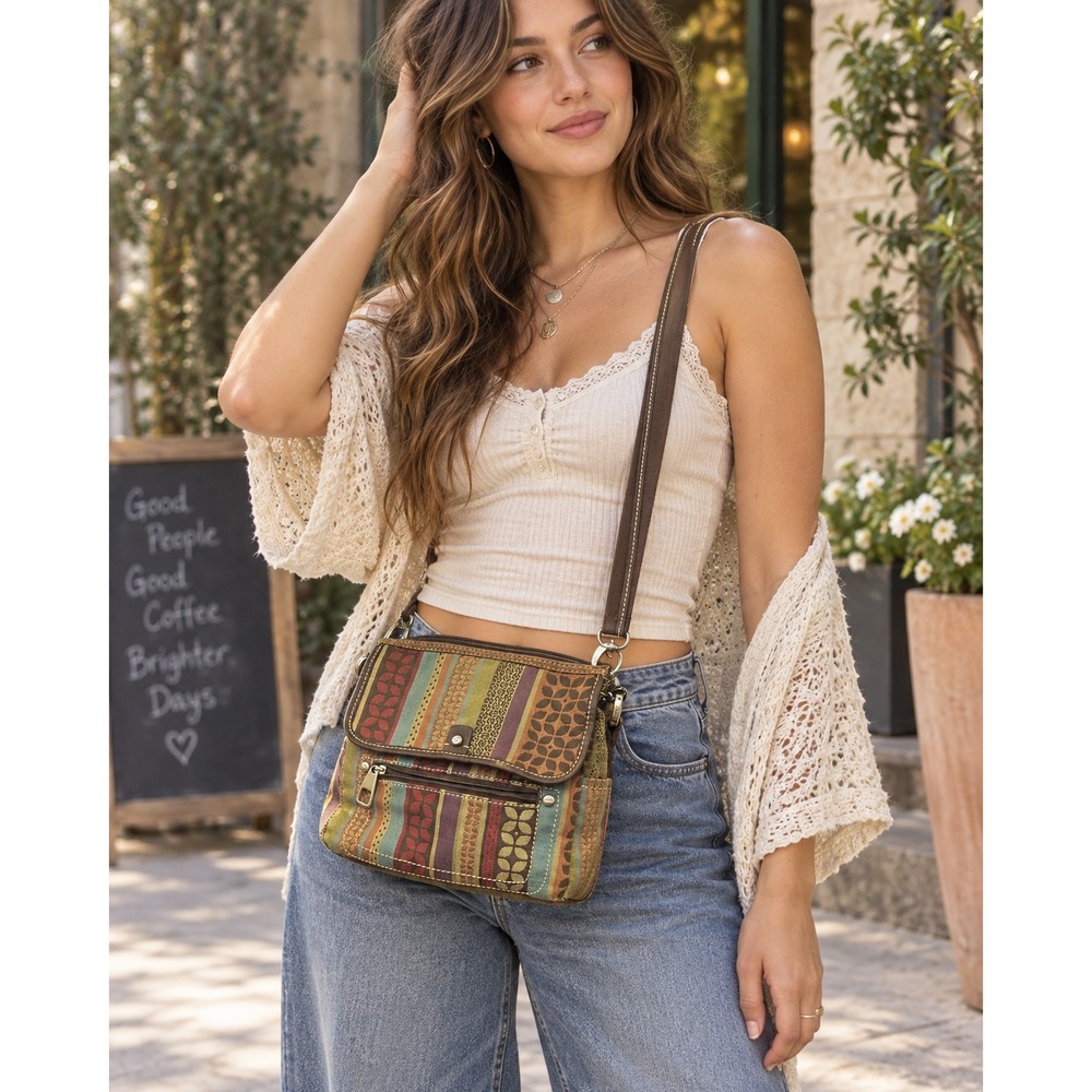 Fossil Patchwork Crossbody Shoulder Bag Canvas Leather Trim Purse Boho Y2K Style - Picture 15 of 16